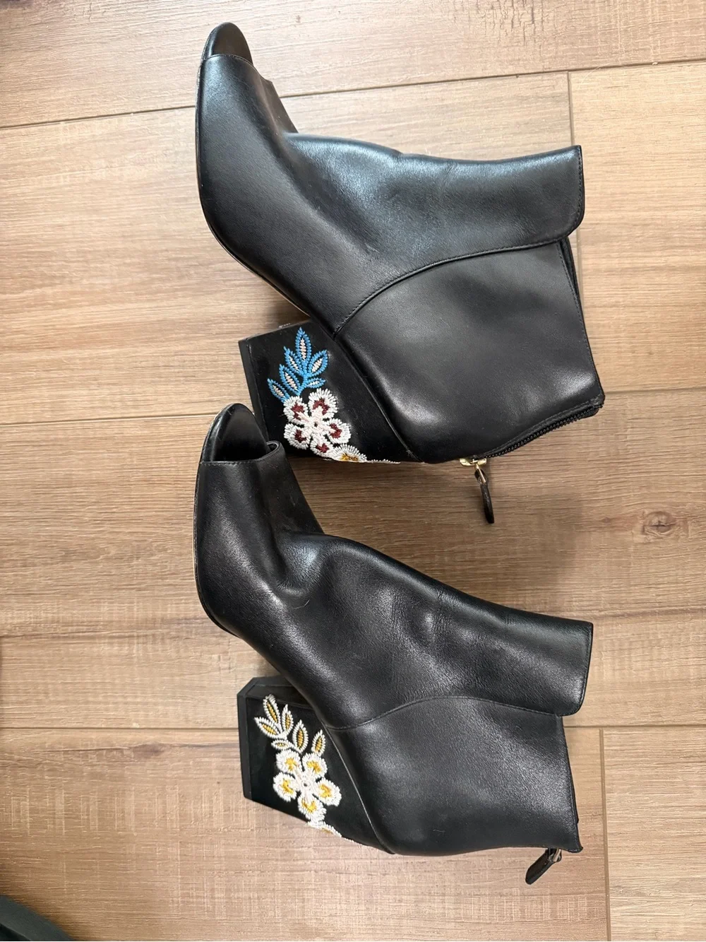 Tory Burch Black Peep-Toe Embroidered Block Heel Ankle Boots
